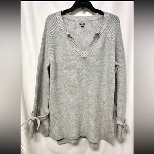 Aerie Ribbed Knit V-Neck Sweater | Tie Sleeve Cozy Pullover Gray Size Small